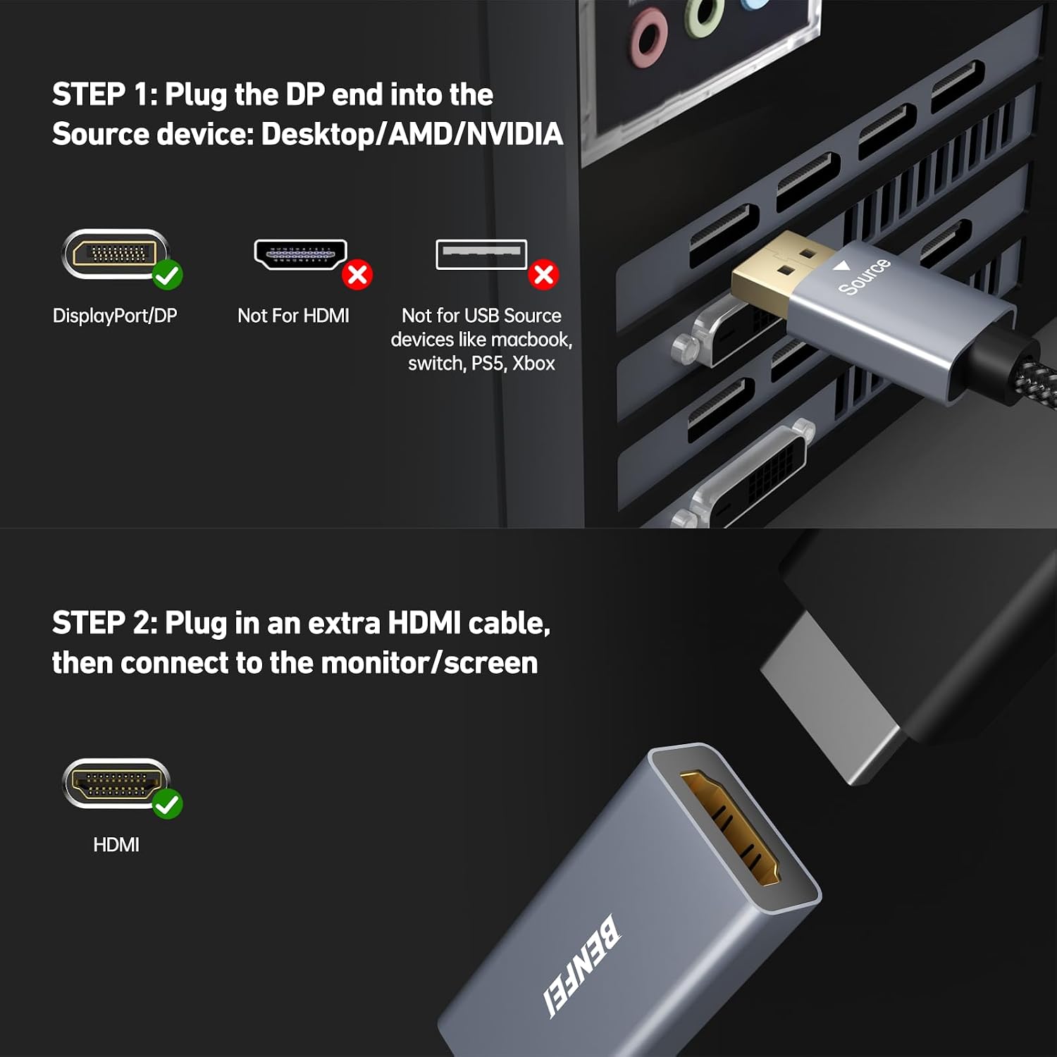 Thumbnail 6 de BENFEI DisplayPort to HDMI Adapter (DP to HDMI) – Gold-Plated, Aluminium Shell