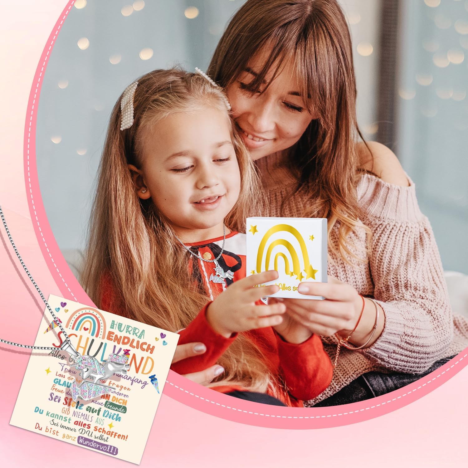 Detalle 2 de iZoeL Einschulung Geschenk Mädchen Einhorn Halskette – Grußkarte, Geschenkbox & Schulanfang