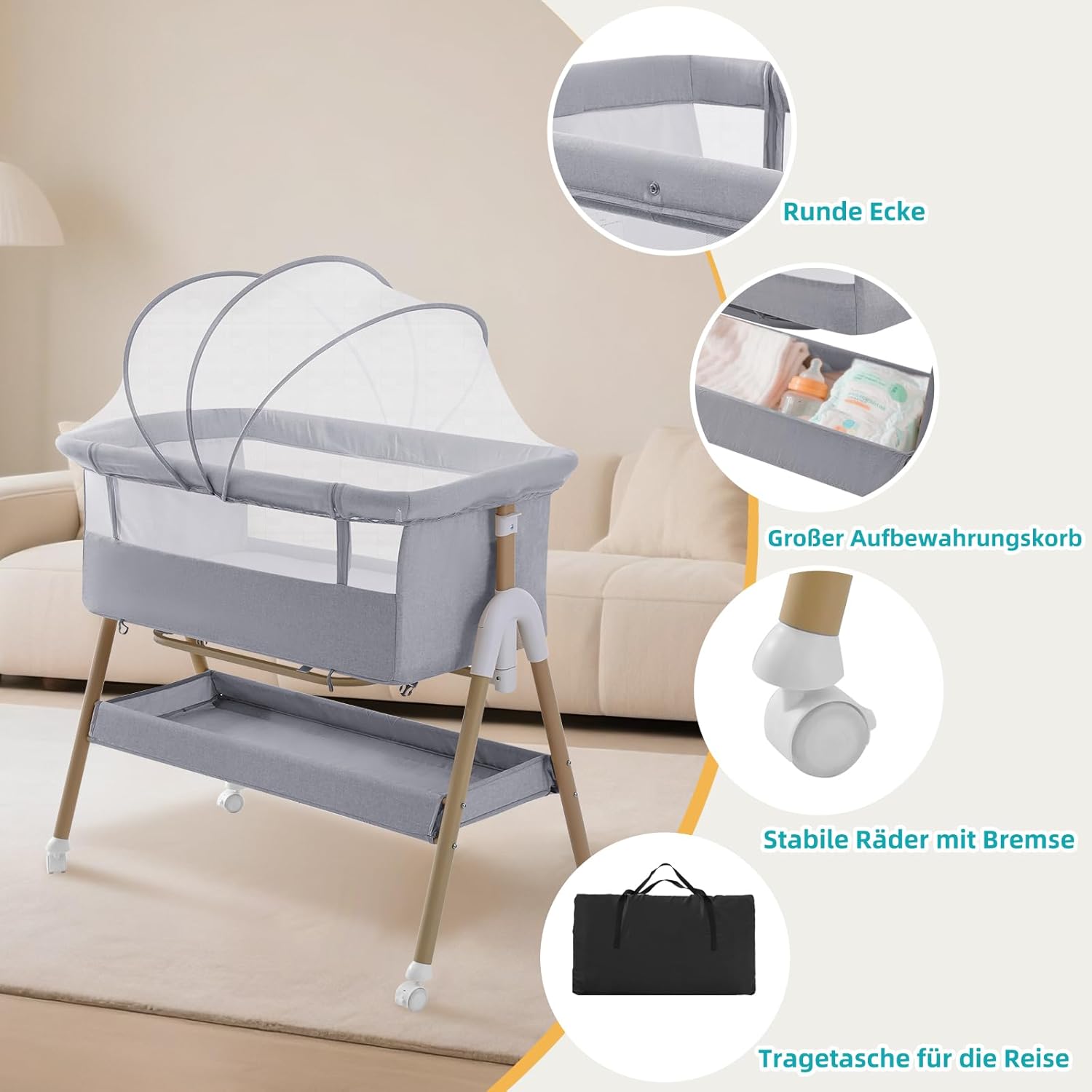 Thumbnail 6 de cozydwells 3‑in‑1 Beistellbettchen (Tragbares Reisebett) grau – höhen- und neigungsverstellbar mit 4 abschließbaren Rollen