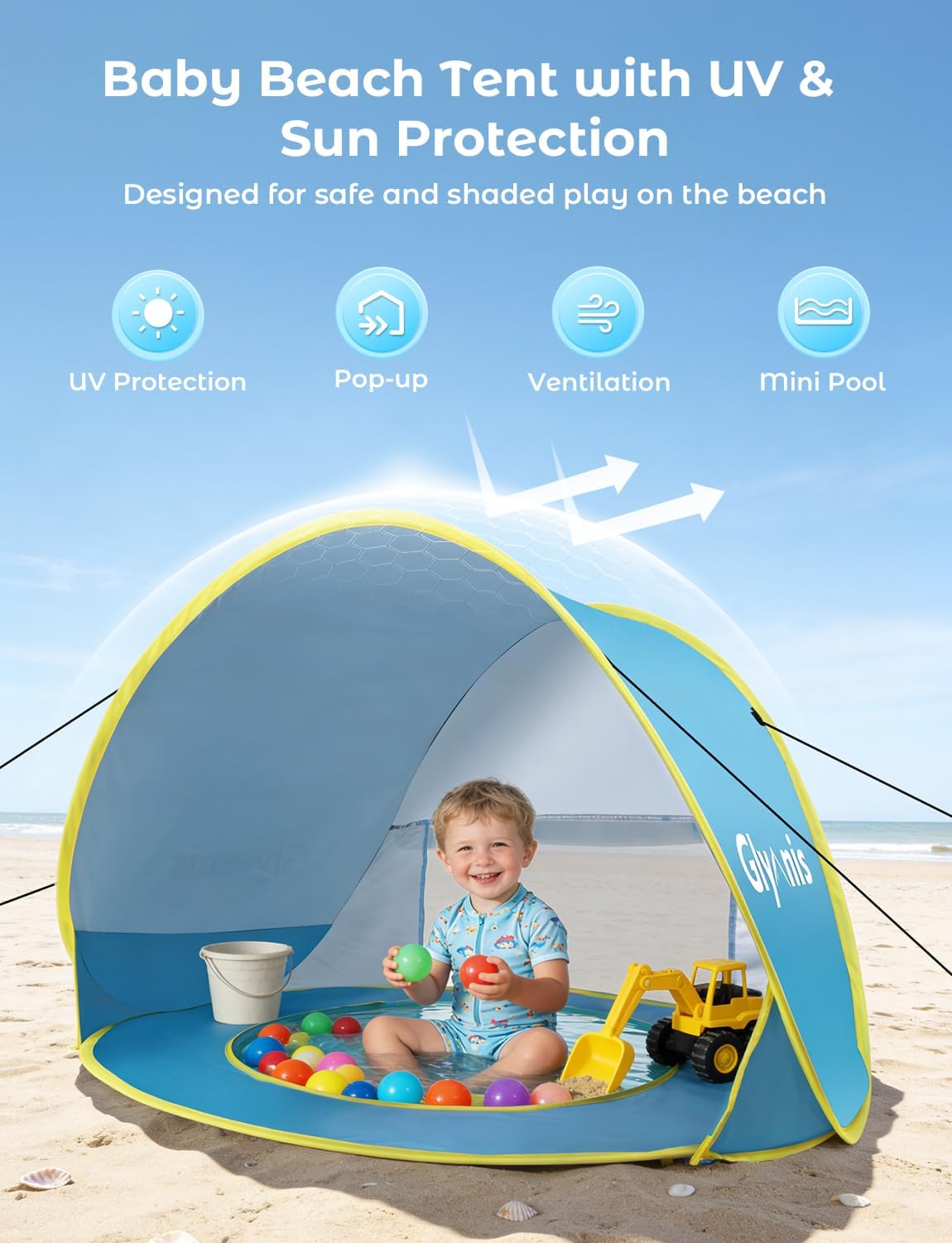 Thumbnail 3 de Glymnis Pop Up Baby Beach Tent with Mini Pool, Portable UV Protection Sun Shelter (UPF 50+)