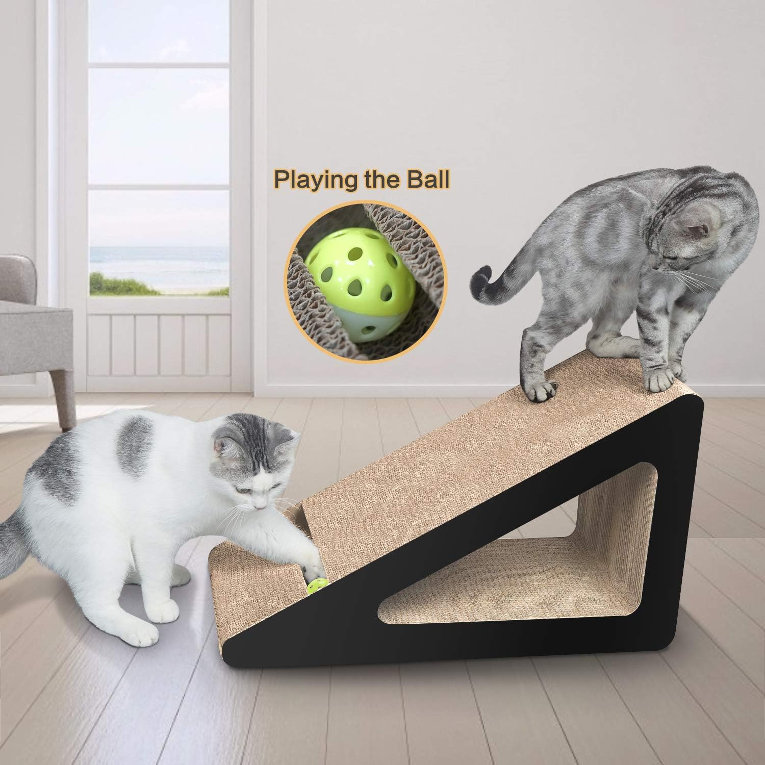Detalle de Aibuddy Cat Scratcher: Inclined Cardboard Lounge with Ball Toy, Catnip & Play Tunnel