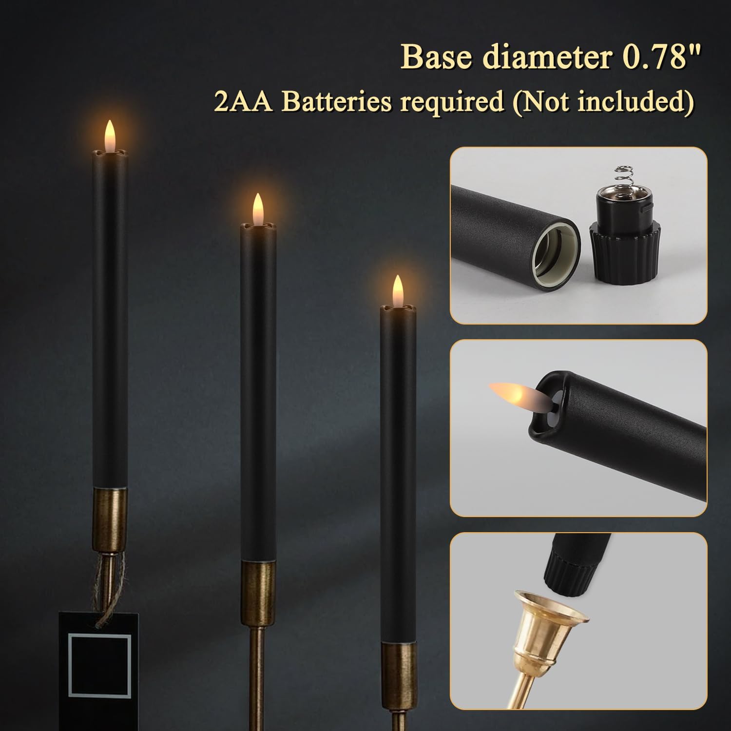 Detalle de TLNFHRPI RTY1023 Black Flameless Taper Candles, 24-Pack with Remote and Timer