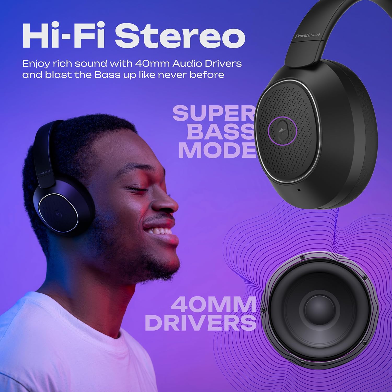 Thumbnail 2 de PowerLocus Casque Bluetooth sans Fil avec réduction de Bruit Active – 60H, Bass Mode, Léger et Pliable (Noir)