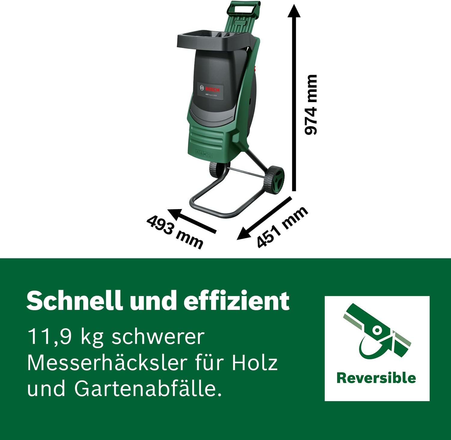 Detalle de Bosch AXT Rapid 2000 Häcksler – leistungsstarker Gartenhäcksler mit 2000-W-Motor