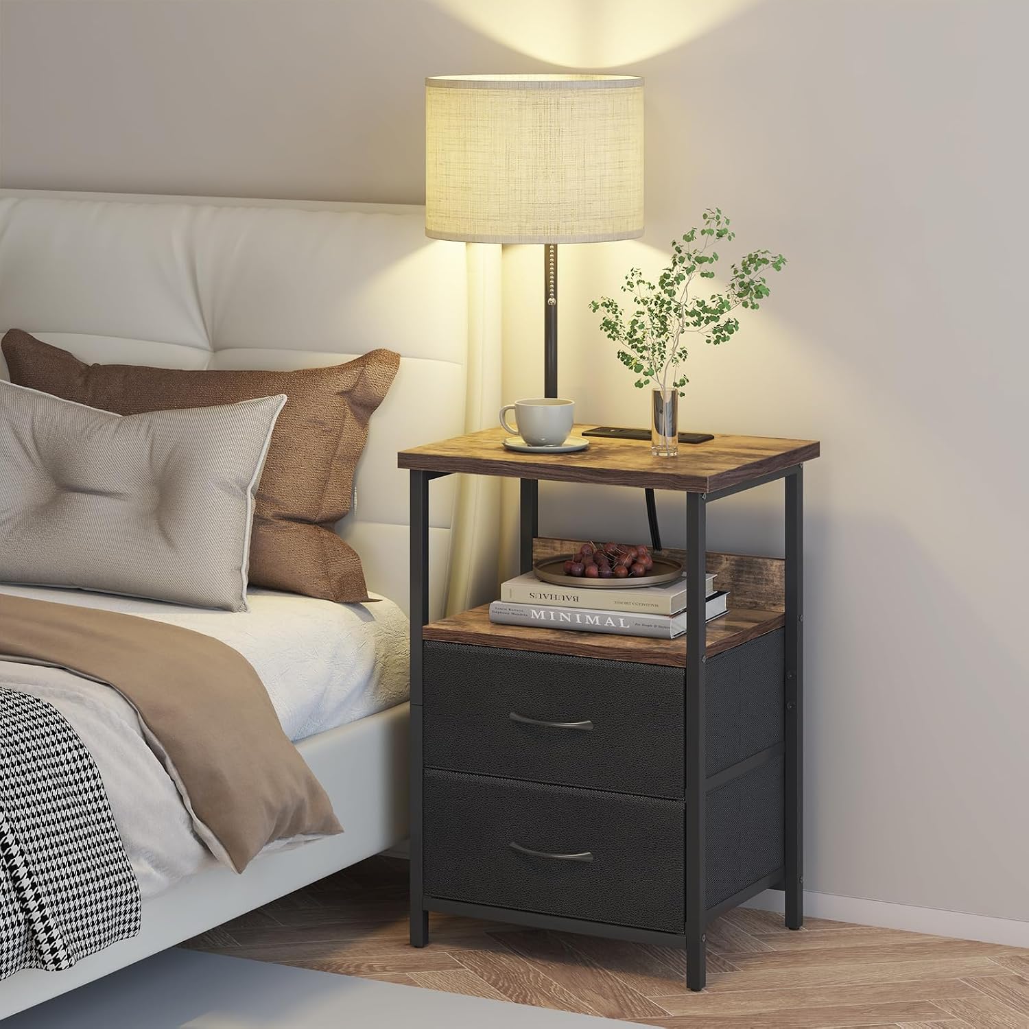Detalle 2 de Fixwal Bedside Table with 3 Color Temperature Reading Light and Charging Station, Black
