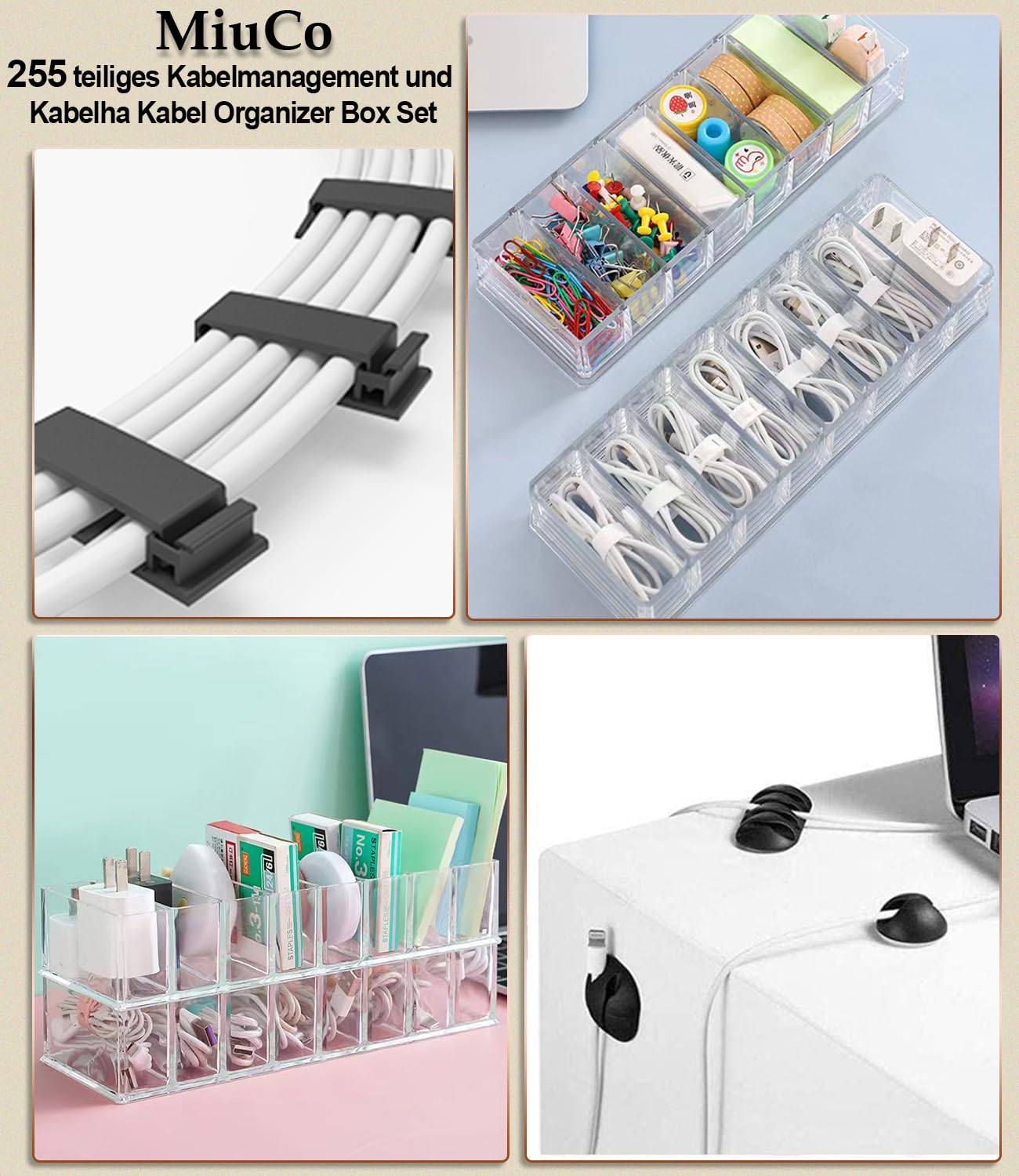Thumbnail 1 de MiuCo Kabelmanagement-Set 255 Teile: Ordnung am Schreibtisch mit selbstklebenden Clips und Box