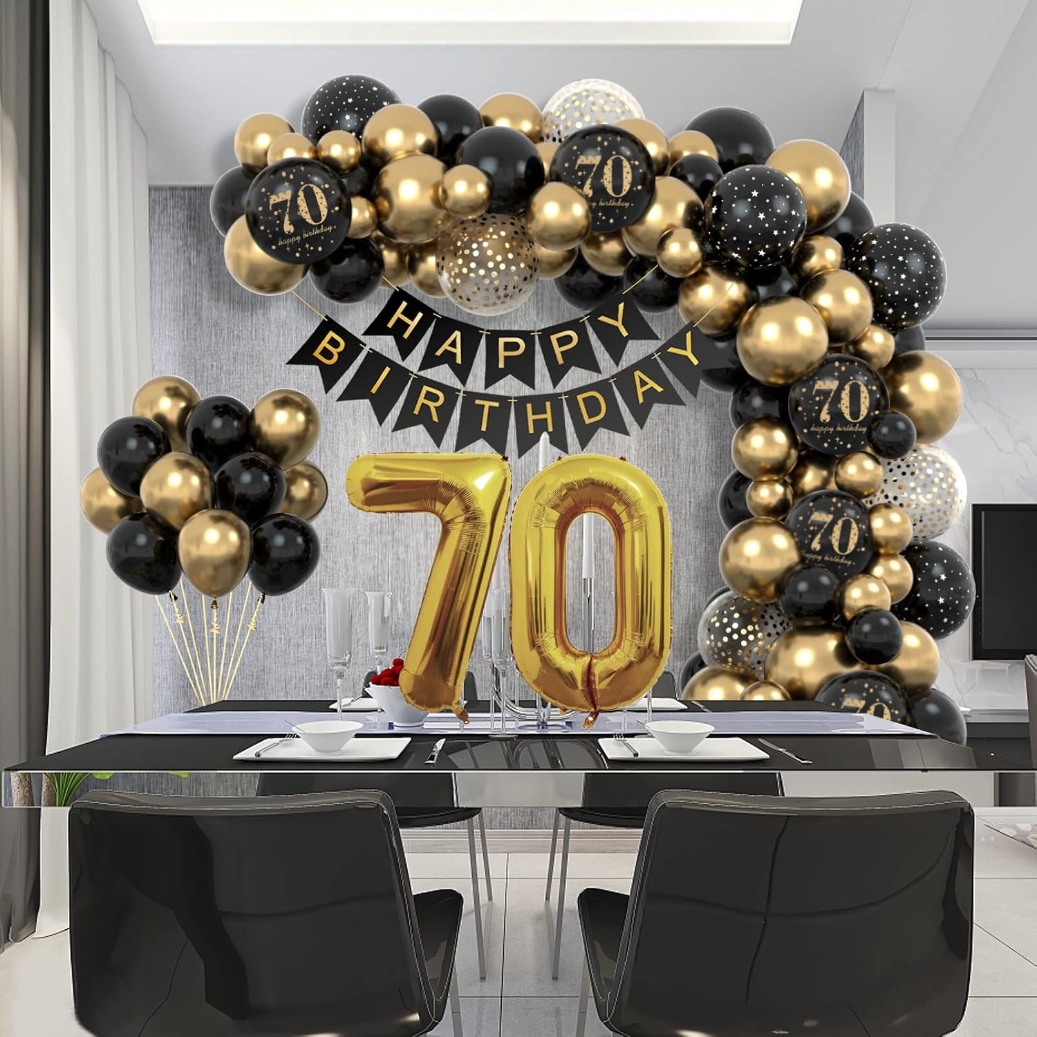 Detalle de WINAROI 70 Geburtstag Deko-Set: Happy Birthday Girlande mit Ballons in Schwarz & Gold
