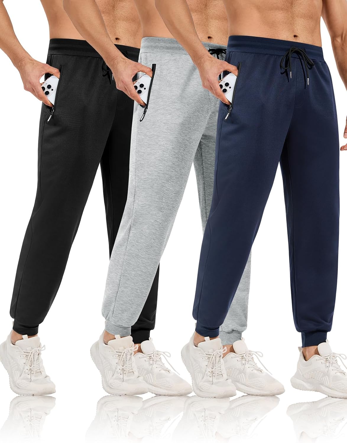 Detalle de Celfaeree 3-Pack Men's Joggers with Zip Pockets, Slim Fit and Tapered Cuffs