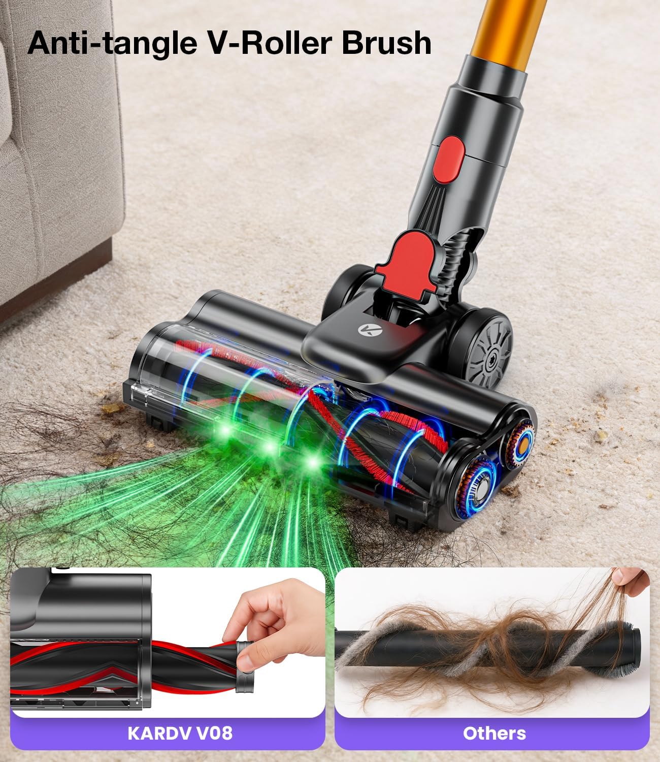 Detalle de KQAHA V08 Cordless Stick Vacuum, 600W, 50,000Pa Suction, 1.5L Dust Cup