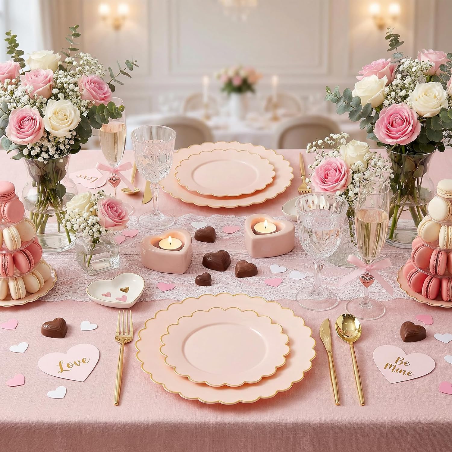 Detalle de LIYH 60 Pcs Pink Plastic Plates with Gold Pink Rim – 30 Dinner (10.25") + 30 Dessert (7.5")