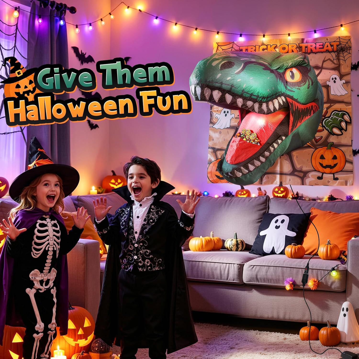 Detalle de Dusor DJ0017 4-Foot Inflatable Dinosaur Halloween Decoration with LEDs