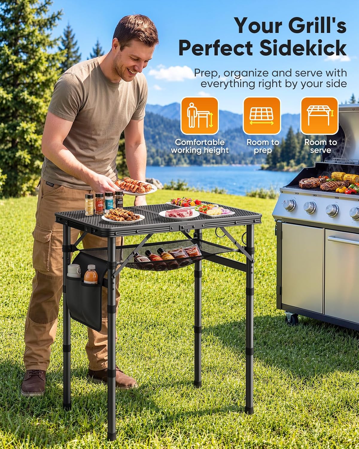 Thumbnail 1 de Raynesys OD260060 Folding Grill Table, 3 Heights, Aluminum Frame, Mesh Top