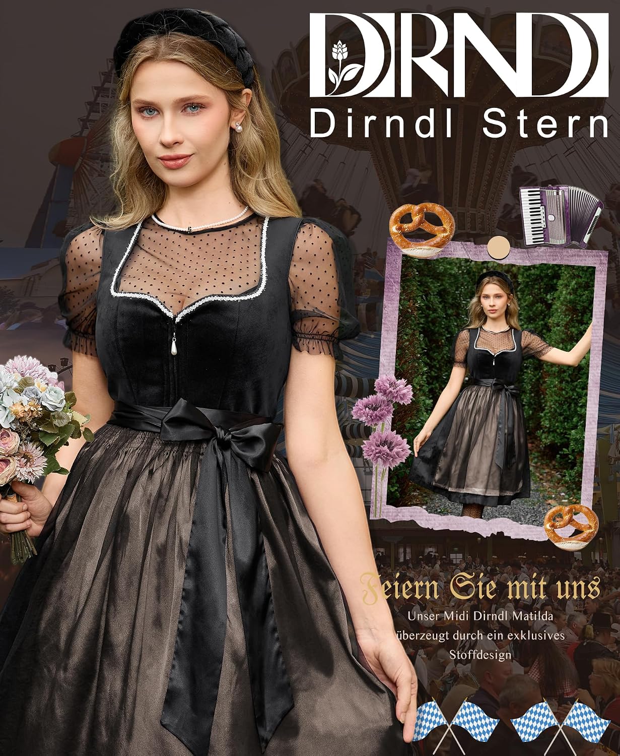 Thumbnail 1 de DIRNDLSTERN Dirndlkleid Damen Schwarz – Samt Midi mit Jacquard, 2026