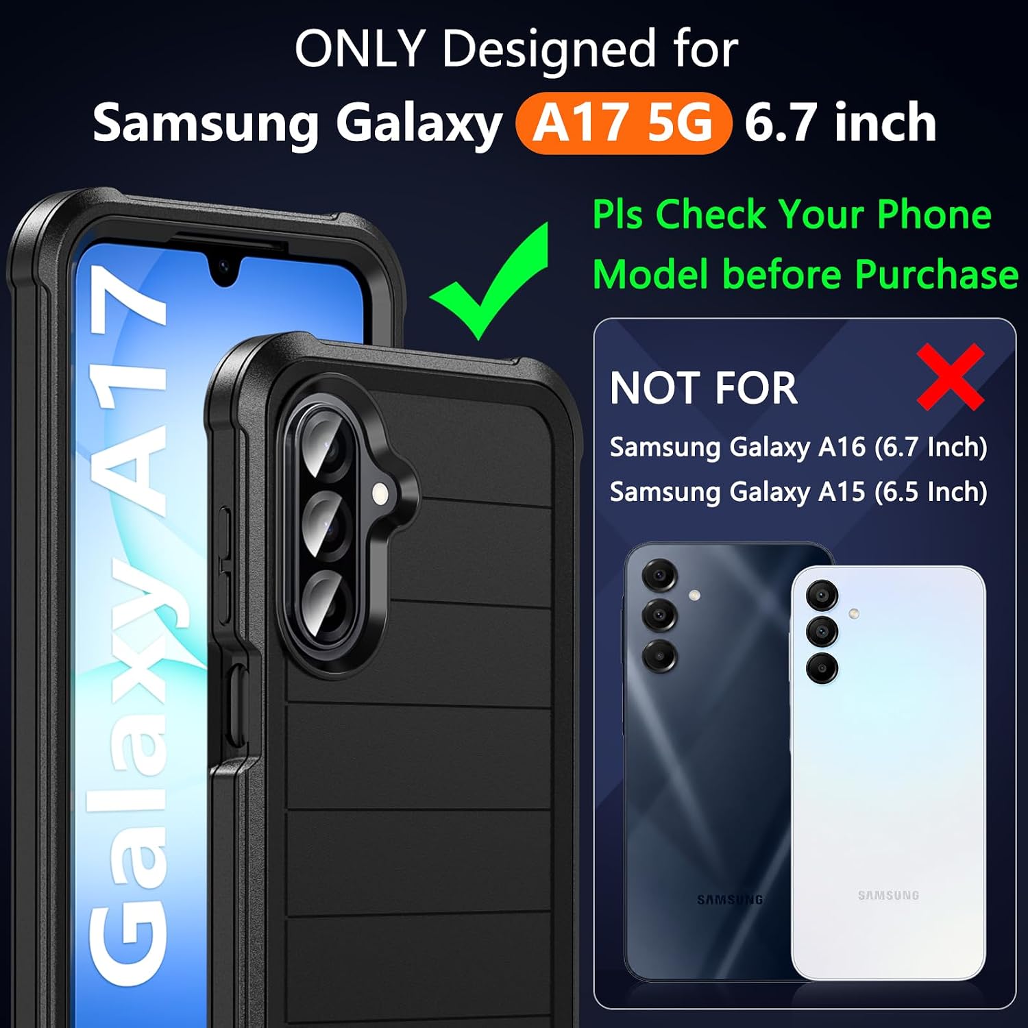 Detalle de Hensinple Heavy-Duty Case with Screen Protector for Samsung Galaxy A17 5G (Black)