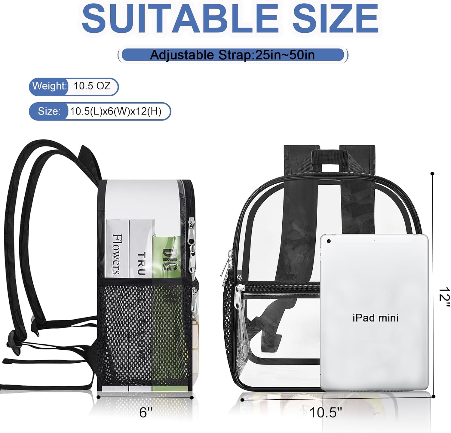Thumbnail 1 de Busiuw Clear Stadium Backpack 12x12x6 (Black-Clear) — Small Transparent Event Bag