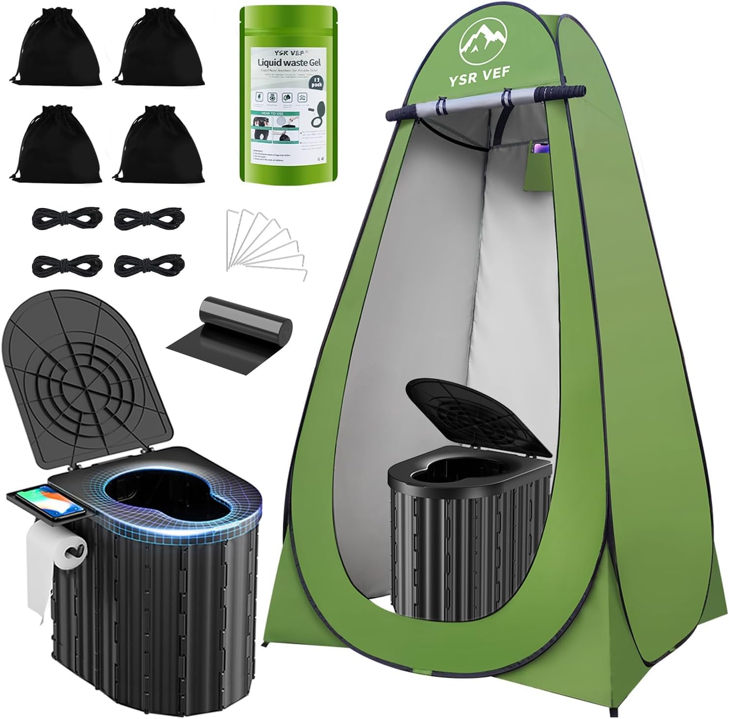 Detalle de YSR VEF Portable Camping Toilet Kit with Pop-Up Privacy Tent and Waste Gel
