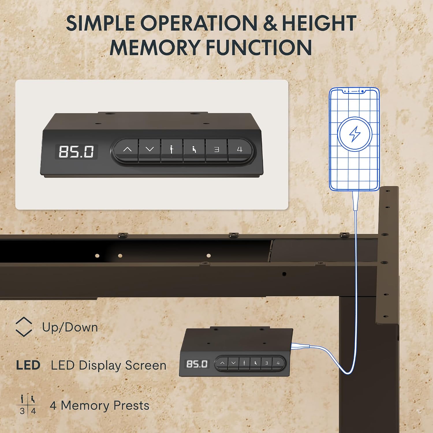 Detalle de FlexiSpot E5 Electric Standing Desk (2 motors, 3-stage) with smart panel, anti-collision system – 180 x 80cm, Black & Maple