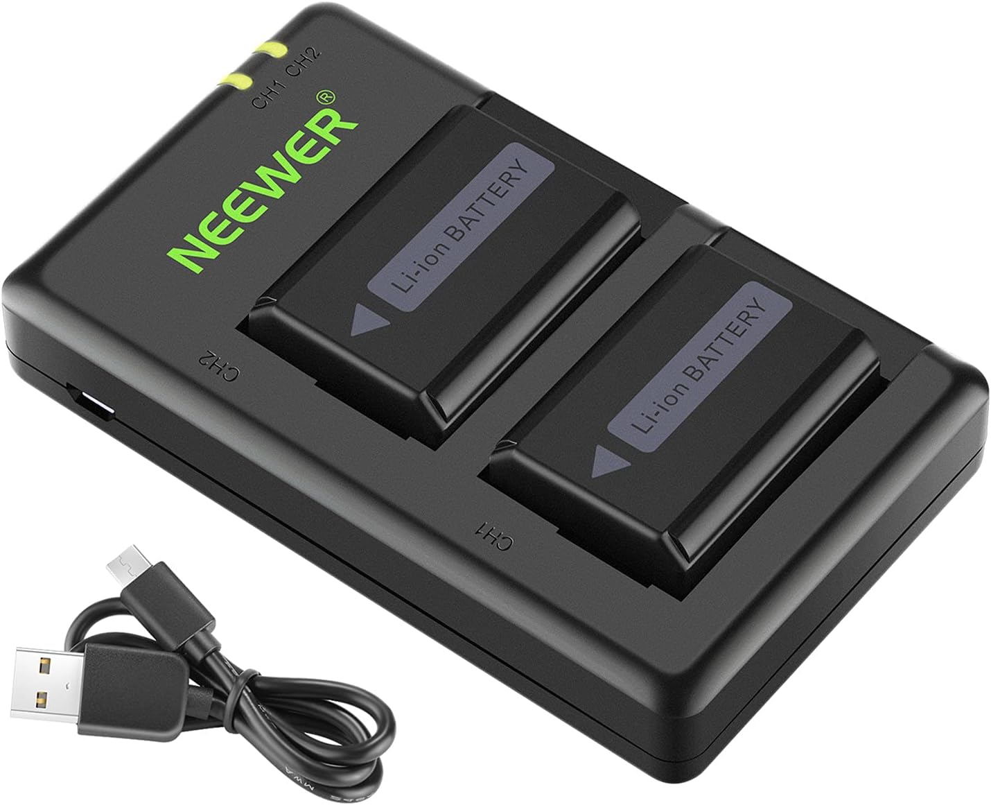 NEEWER Set batterie di ricambio NP-FW50 (2x 1100mAh) + caricatore USB doppio canale per Sony ZV-E10 e serie A7/A6400