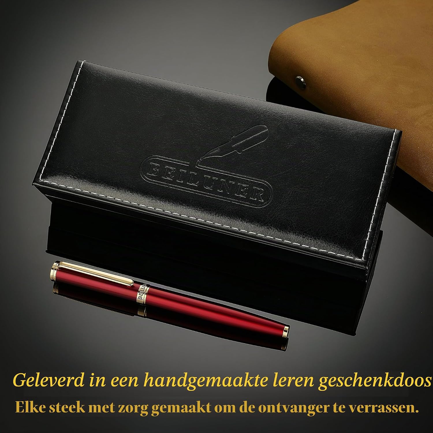 Detalle 1 de BEILUNER FP-F03 vulpen met bordeauxrode lak, 24K gouden accenten en fijne punt
