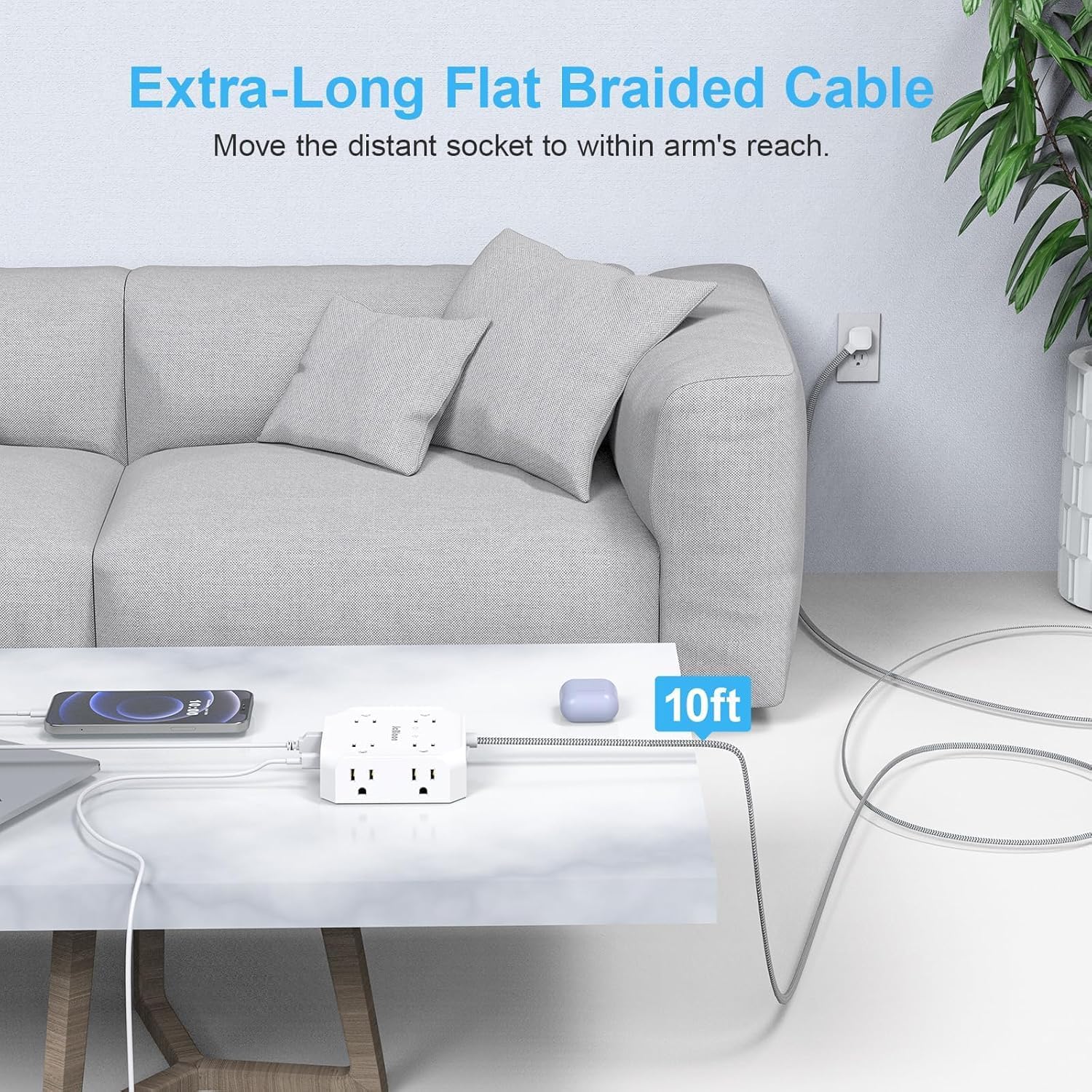 Thumbnail 5 de JcBlaon 10 ft Flat-Plug Power Strip, 8 Outlets, 4 USB Ports, 1,050 J Surge Protection