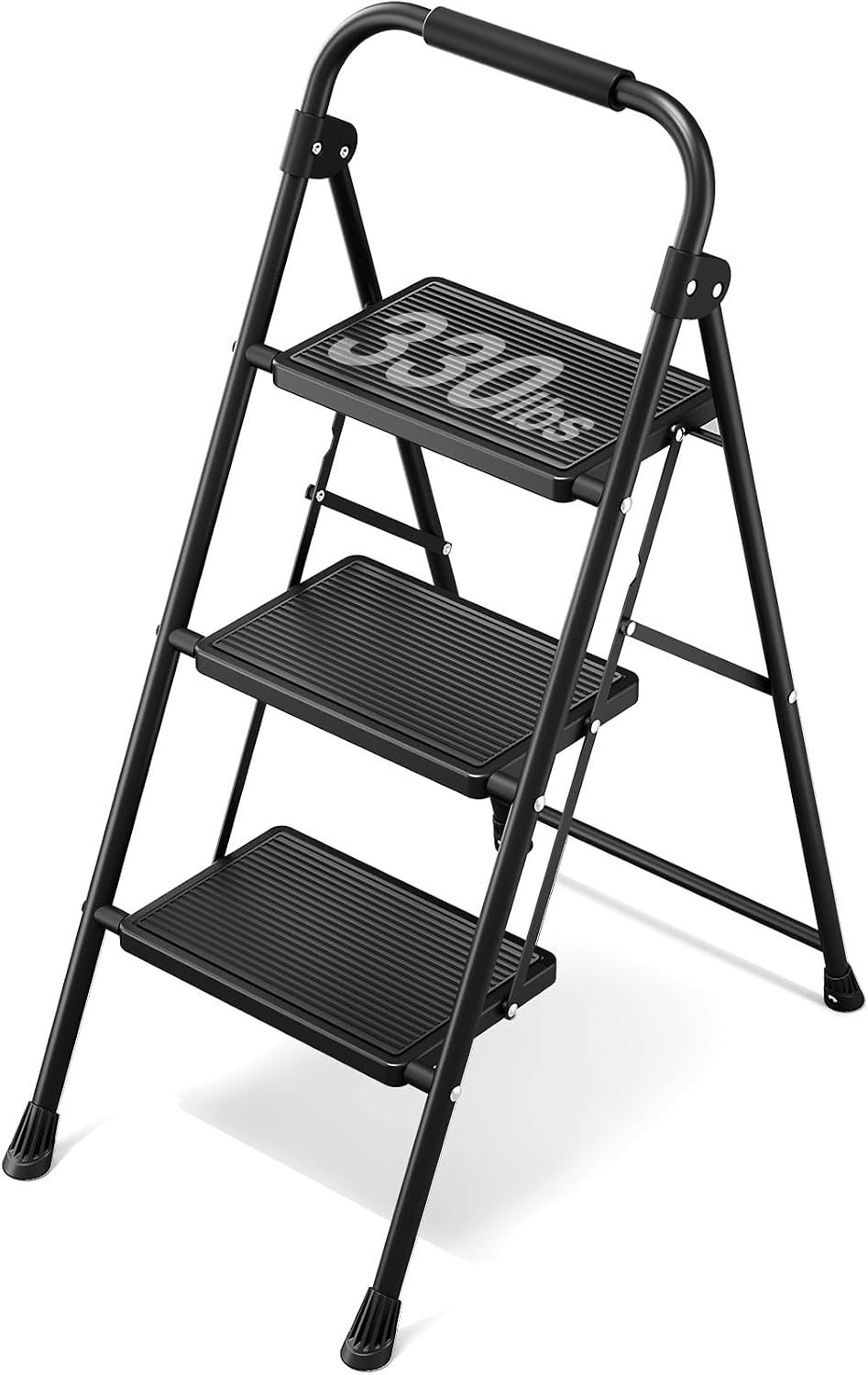 Detalle de KINGRACK 3 Step Folding Ladder – Sturdy, Lightweight Steel Stool with Non-Slip Pedals