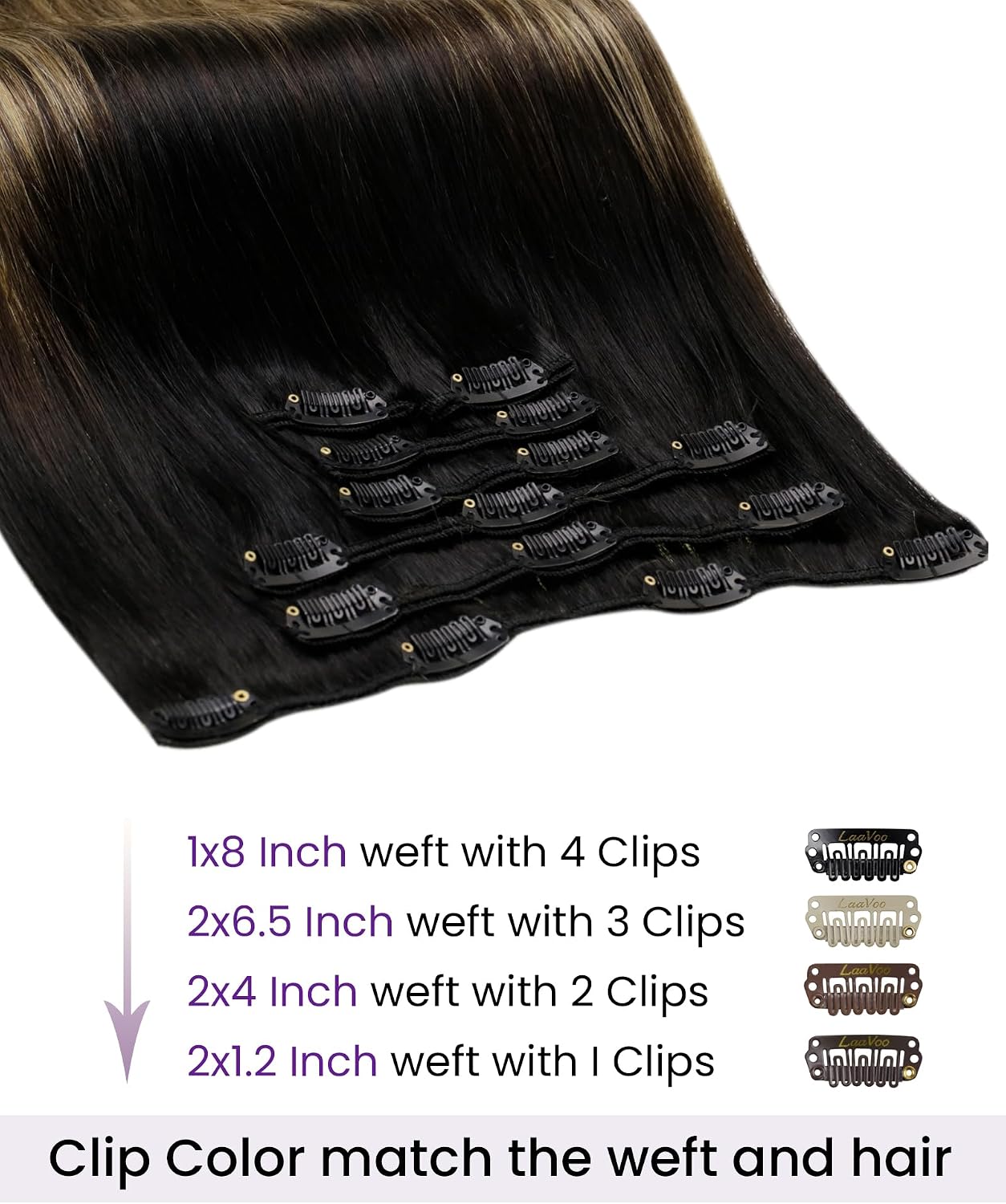 Detalle 2 de LaaVoo clip-in extensions van echt haar, 30 cm, 80 g, balayage #1b/4/27