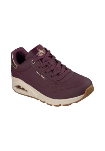 Detalle de Skechers UNO Golden Air, zapatillas para mujer con detalles dorados, borgoña, talla 38