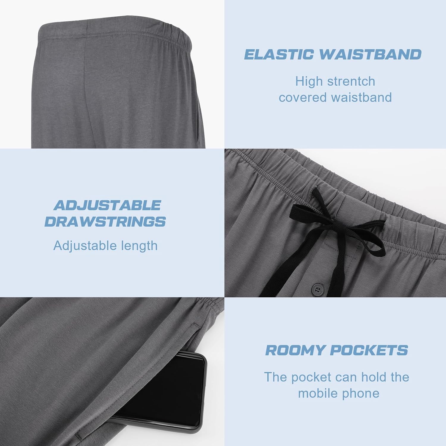 Detalle de BAMBOO COOL Men's Pajama Pants Sleep Lounge Bottoms — Soft, Breathable, with Pockets (2 Pack)