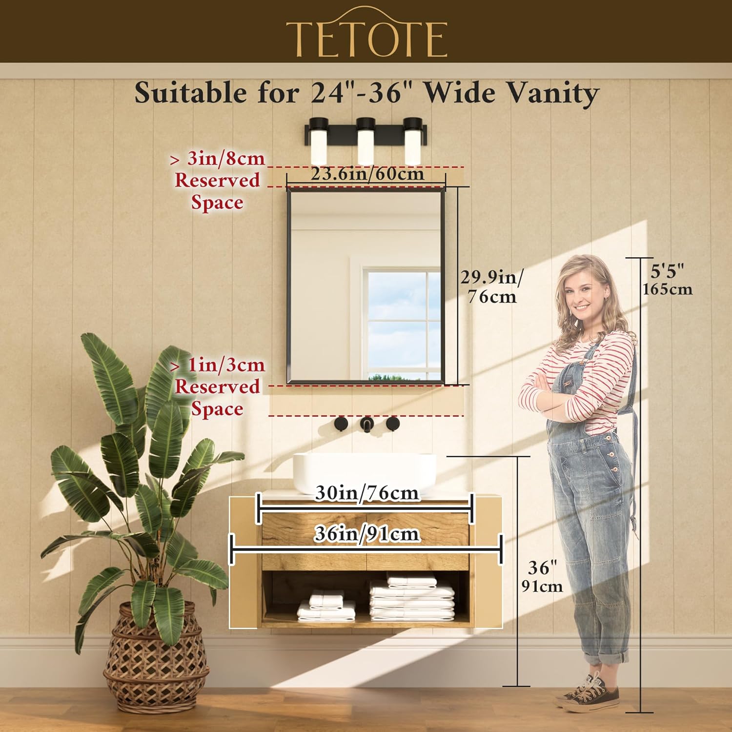 Detalle de TETOTE Black Bathroom Mirror for Over Sink 24" x 30" – Matte Black Rectangle Frame, Tempered Glass, Beveled Edge