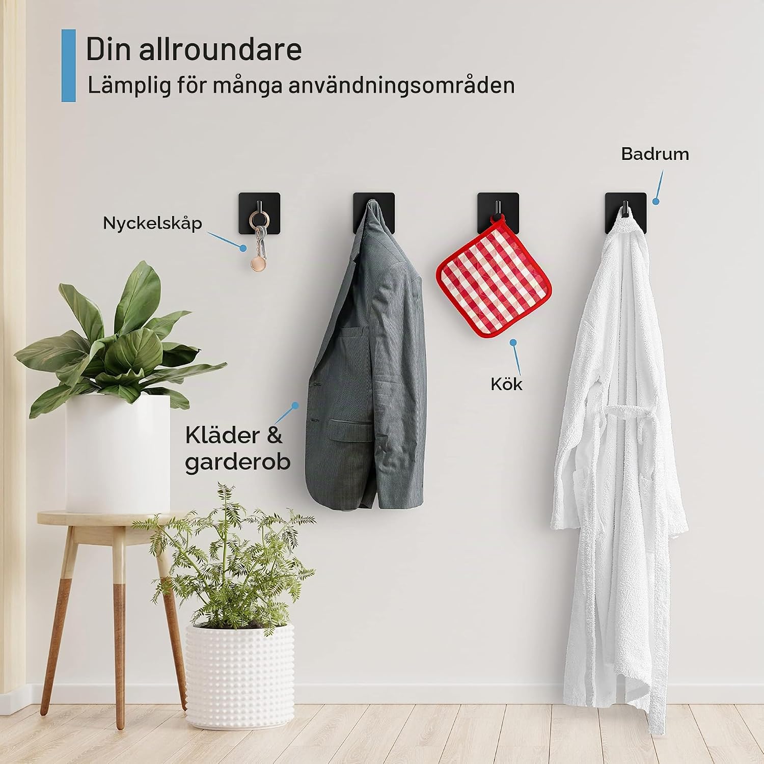 Thumbnail 4 de virea självhäftande väggkrokar, 4-pack i svart rostfritt stål, upp till 8 kg per krok
