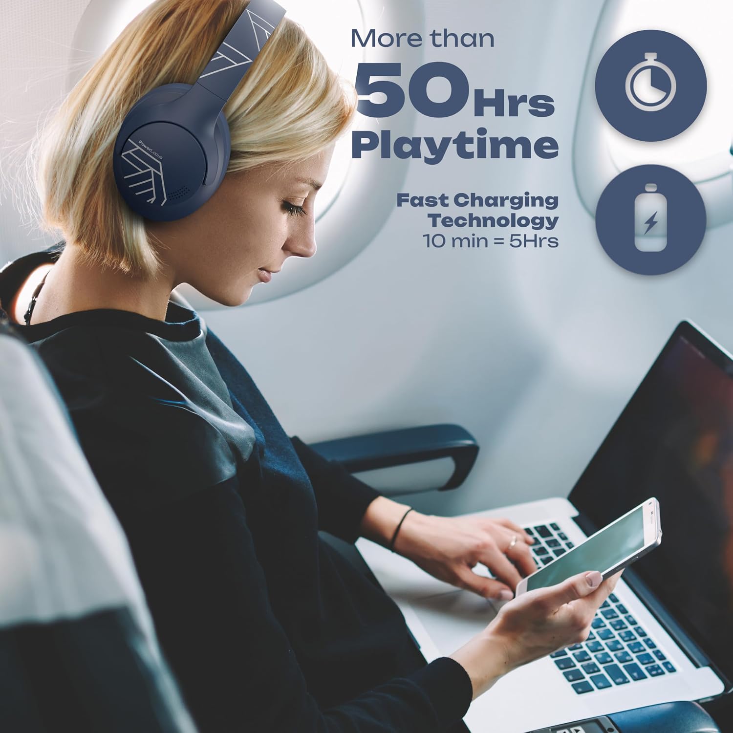 Thumbnail 3 de PowerLocus Bluetooth Headphones Over Ear (Blue) – 50 Hours Playtime, 4 EQ Modes, Foldable & Wired Option