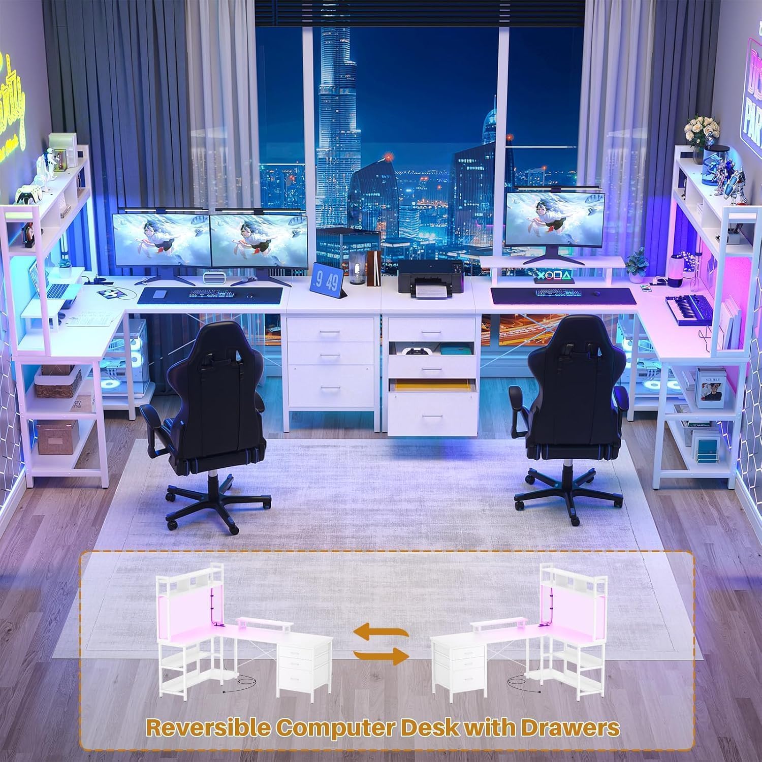 Thumbnail 6 de iSunirm Scrivania portaoggetti reversibile con luci LED e prese di corrente, bianco (150 x 87 x 150 cm)