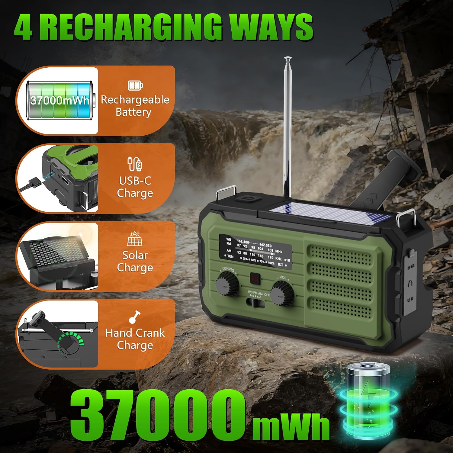 Thumbnail 4 de Vokida YX328 Emergency Weather Radio, 10,000mAh, NOAA, Solar & Hand Crank