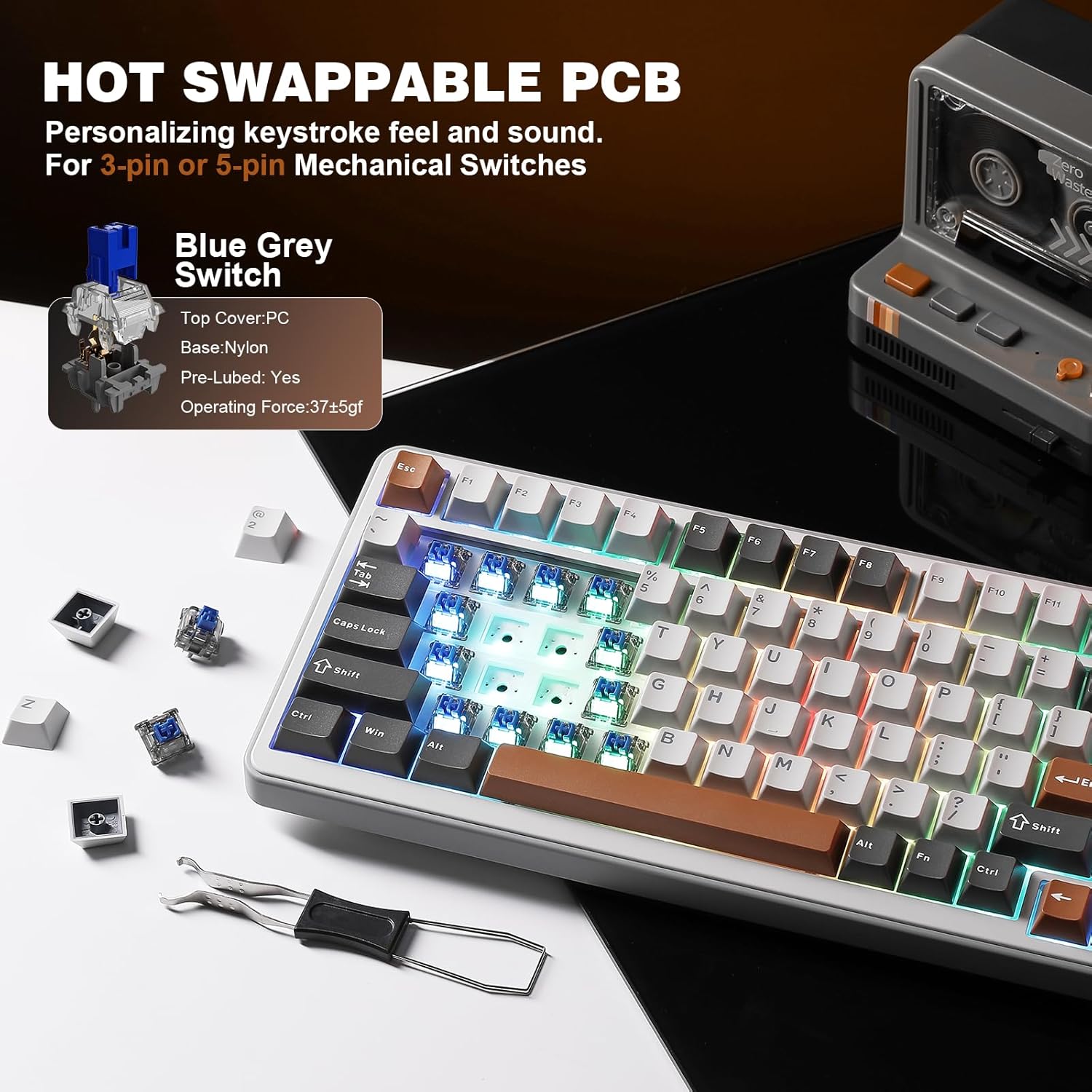Thumbnail 4 de YUNZII B75 Pro drahtlose mechanische 75%-Tastatur (Hot-Swap, Knopf, Blue Grey, RGB) – Bluetooth/Typ-C/2.4G