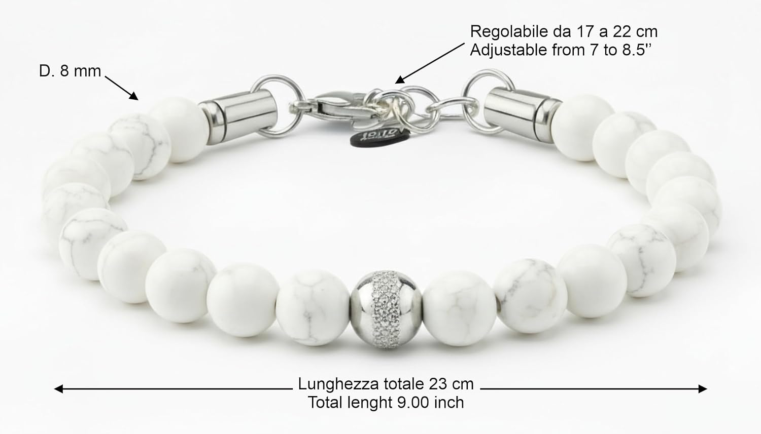 Thumbnail 1 de 10:10 Bracciale Uomo Pietre Naturali 8 MM – Aulite Bianca, Regolabile, Made in Italy