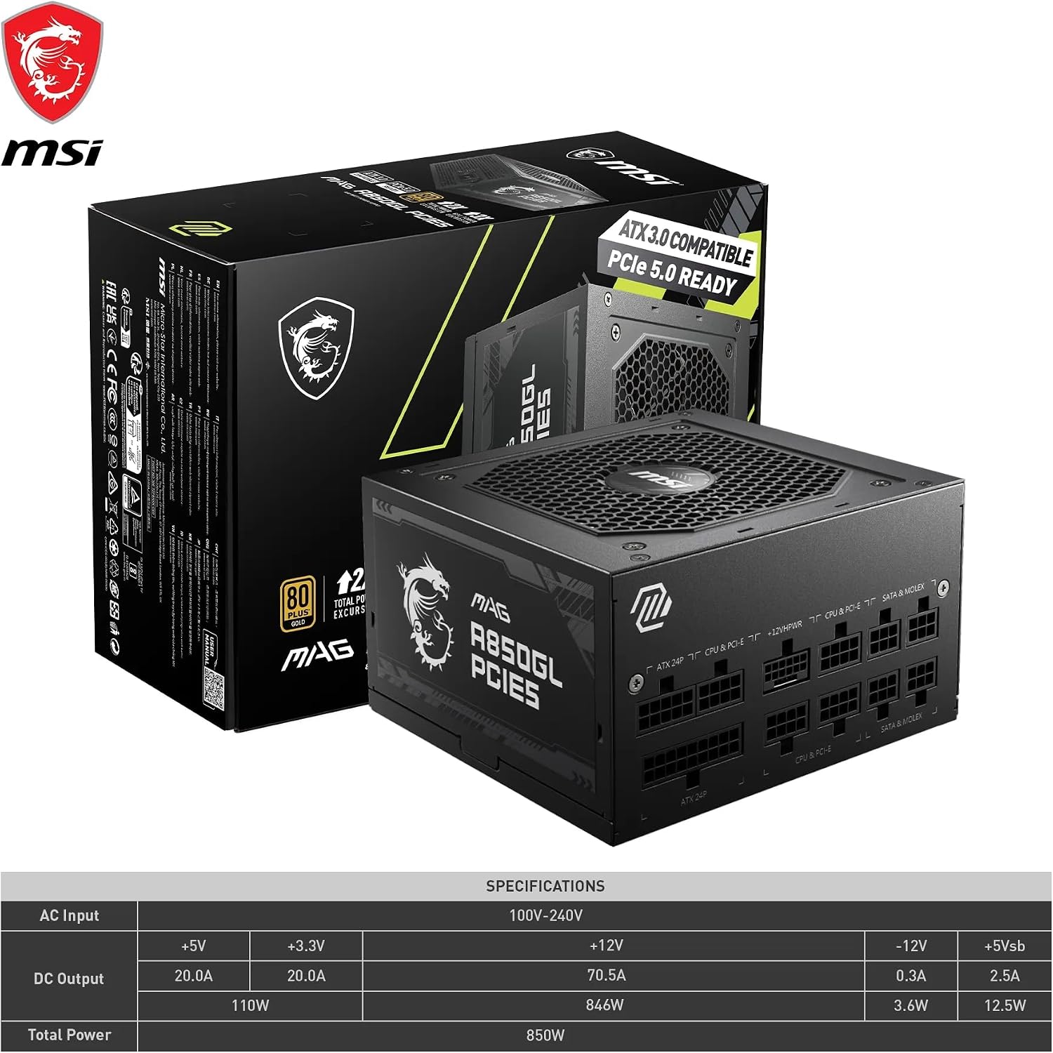 Thumbnail 6 de MSI MAG A850GL PCIE5 Netzteil – 850W, 80 Plus Gold, voll modular, ATX 3.0, PCIe 5.0 Unterstützung