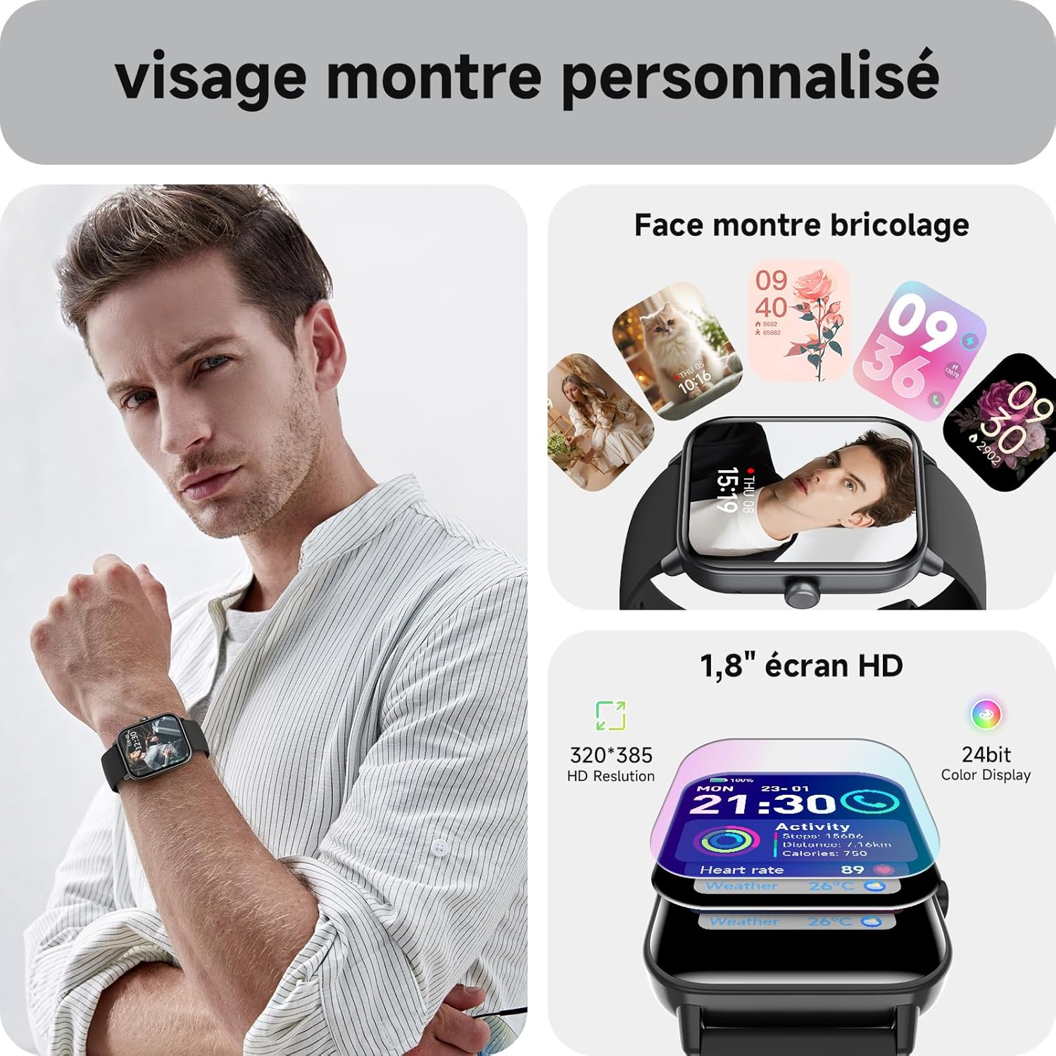 Thumbnail 5 de Montre Connectée AEAC: Bluetooth Calling, 1,85'' Écran et Suivi Santé pour Homme et Femme