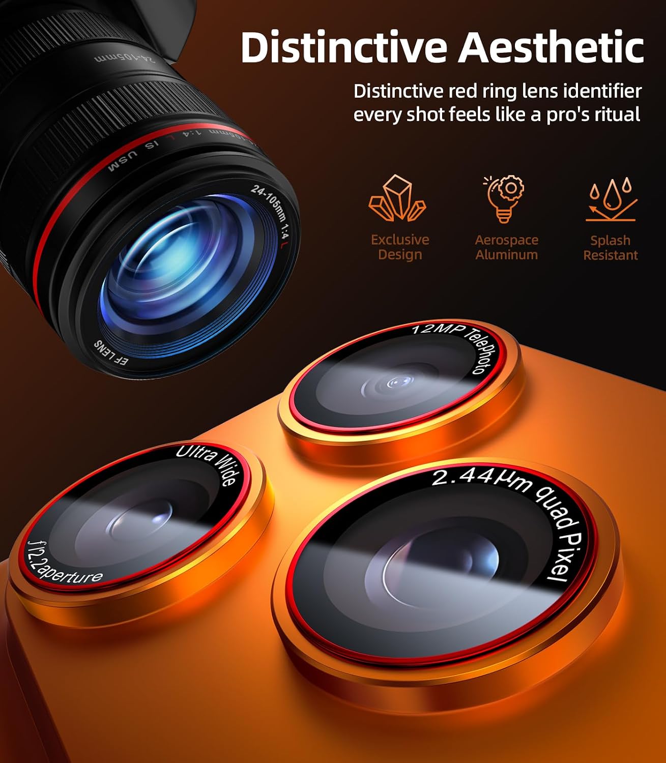 Detalle de X-it iPhone 17 Pro Max Camera Lens Protector (Orange) — 9H Tempered Glass, 1:1 Fit, Case-Friendly Adhesive