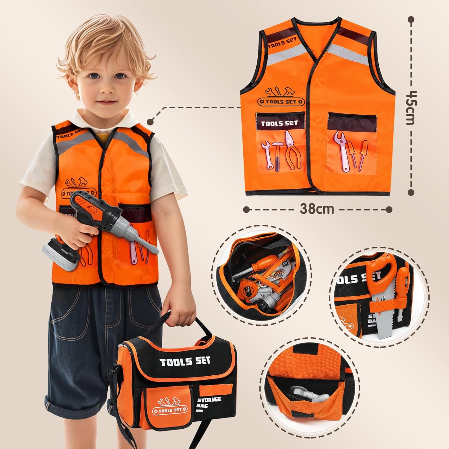 Thumbnail 2 de Vanplay 43-Piece Kids Tool Set with Electric Drill, Tool Bag and Vest – Pretend Play for 3+