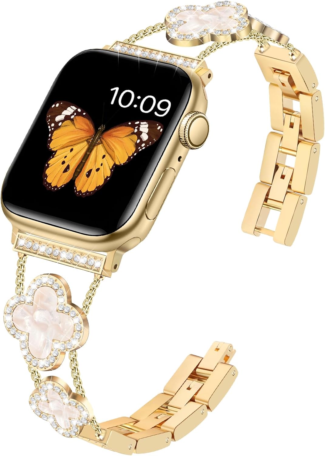 Detalle 2 de Tasikar Bling Diamond Women Straps for Apple Watch 38–49mm (Gold) – Lucky Clover Dressy Replacement Band