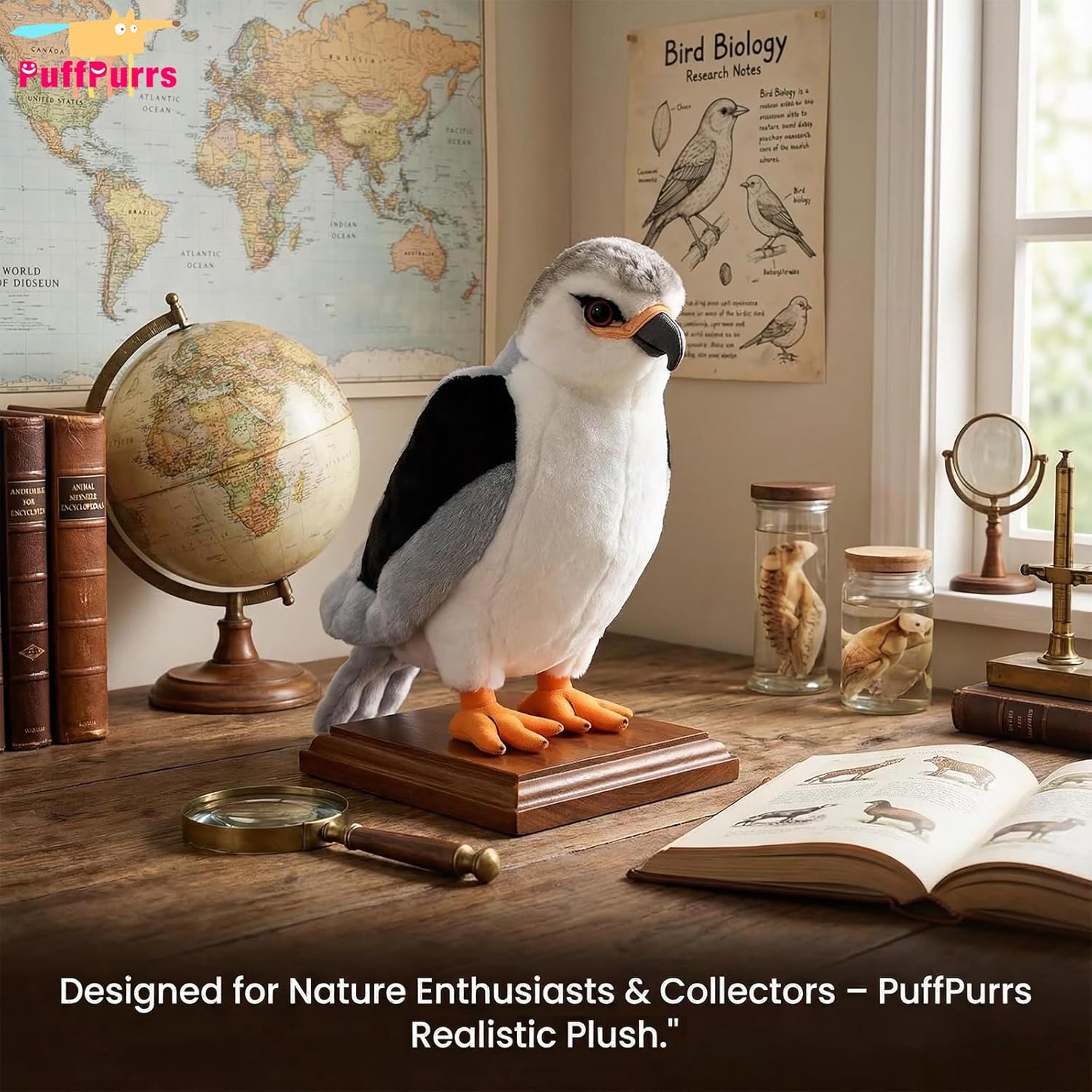 Detalle de PuffPurrs Black-winged Kite Plush – 11in Lifesize Bird of Prey Toy
