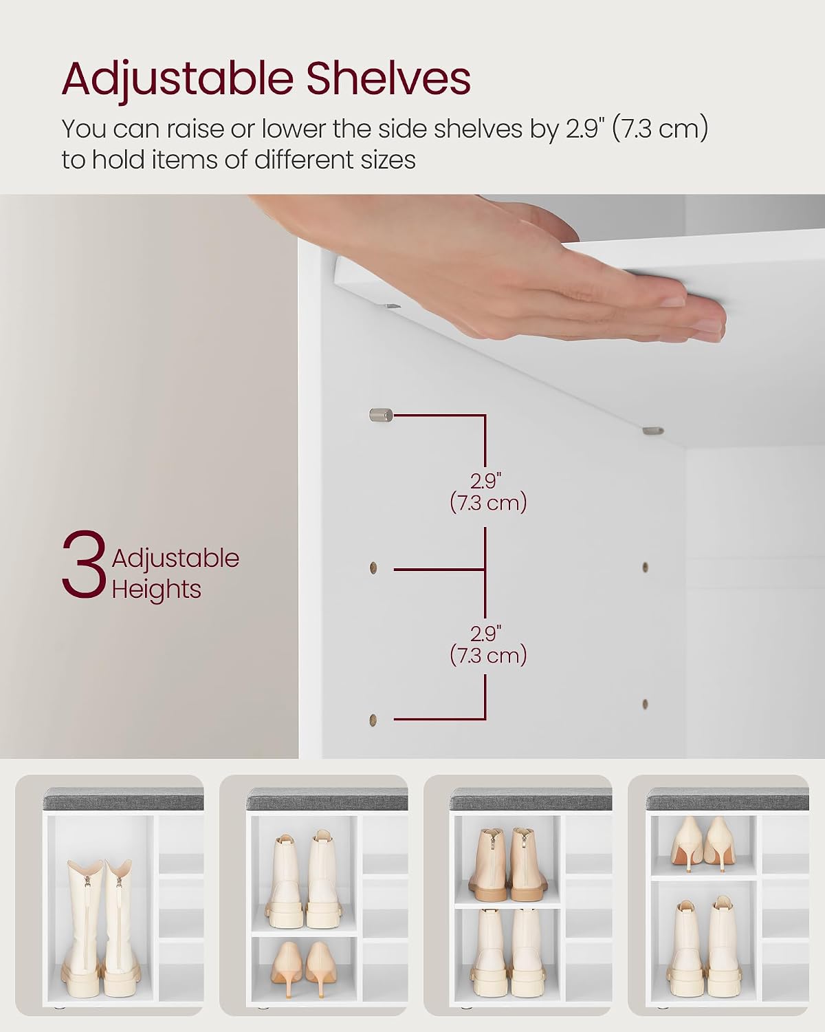 Detalle de VASAGLE CUSTOS LHS10WTV1 Shoe Bench with 10 Compartments and Padded Seat