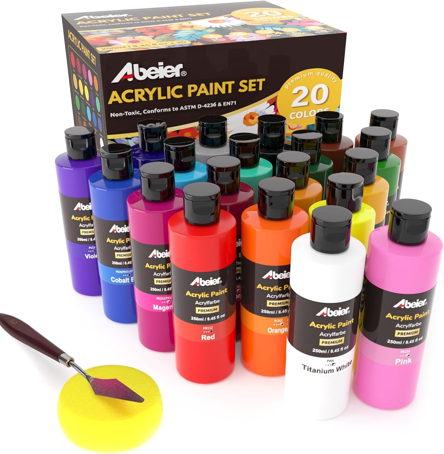 Detalle de ABEIER Bulk Acrylic Paint Set (20 Colors, 250 ml each) – Matte Finish for Beginners and Students