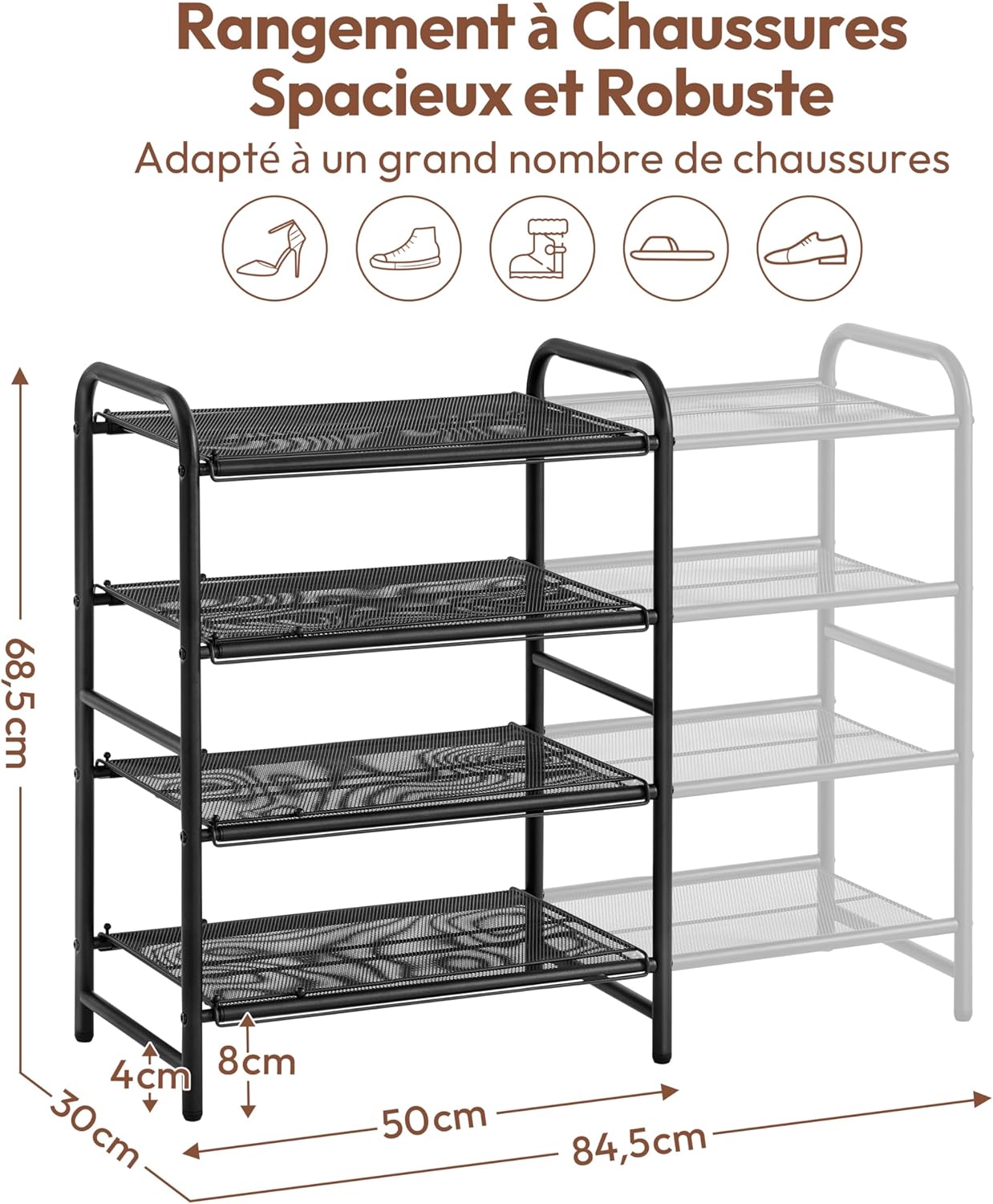Thumbnail 2 de Yaheetech Étagère à chaussures extensible 4 niveaux (50–84,5 cm) en maille métallique pour 15–20 paires, noire