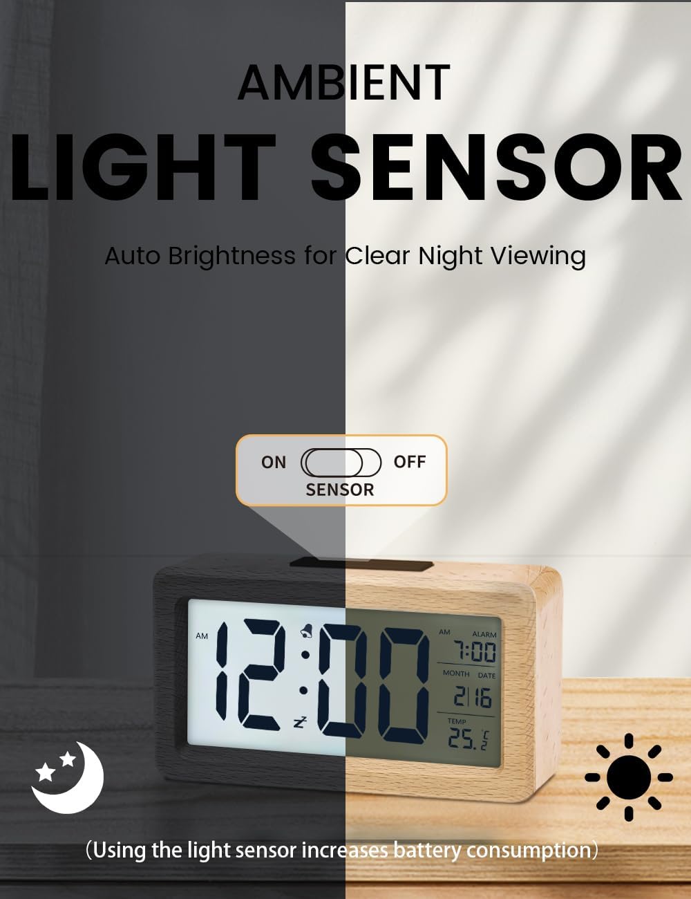 Thumbnail 5 de aboveClock Digital Alarm Clock Wooden Bedside Clock with Large Backlit LCD, Temperature & Snooze (AAA batteries needed)