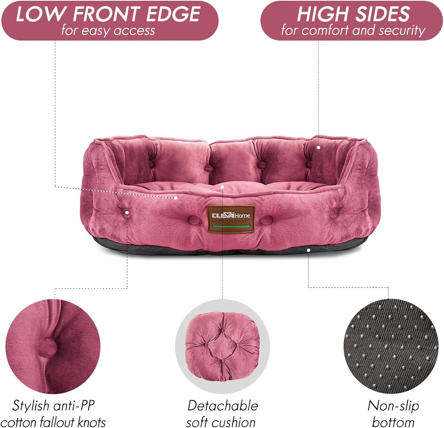 Thumbnail 3 de ClevaHome Panier pour Chats et Petits Chiens Jusqu’à 7 kg – Lit Rond Doux, Lavable en Machine, Rose Prune