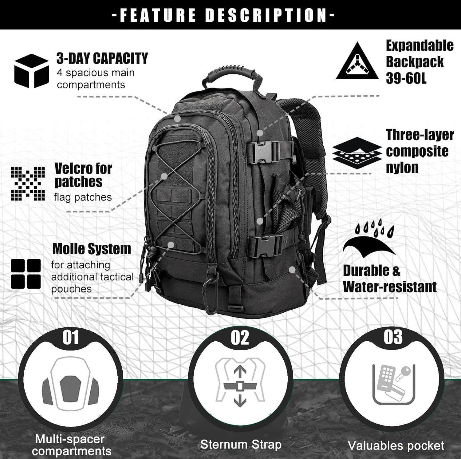 Thumbnail 3 de Miramrax Tactical Backpack Military Army Daypack (MOLLE) — Expandable 3-Day Assault Pack for Hiking, Camping & Travel