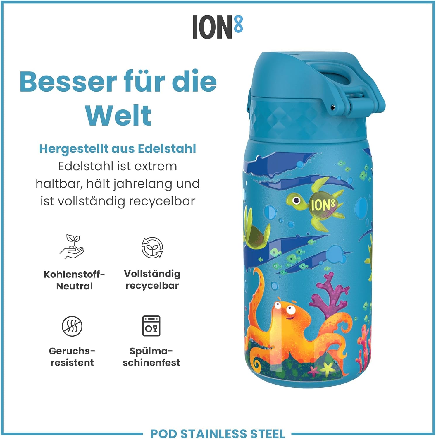 Thumbnail 4 de ION8 Edelstahl-Trinkflasche 400 ml - Meeresschildkröte, auslaufsicher, spülmaschinenfest, einhändige Öffnung