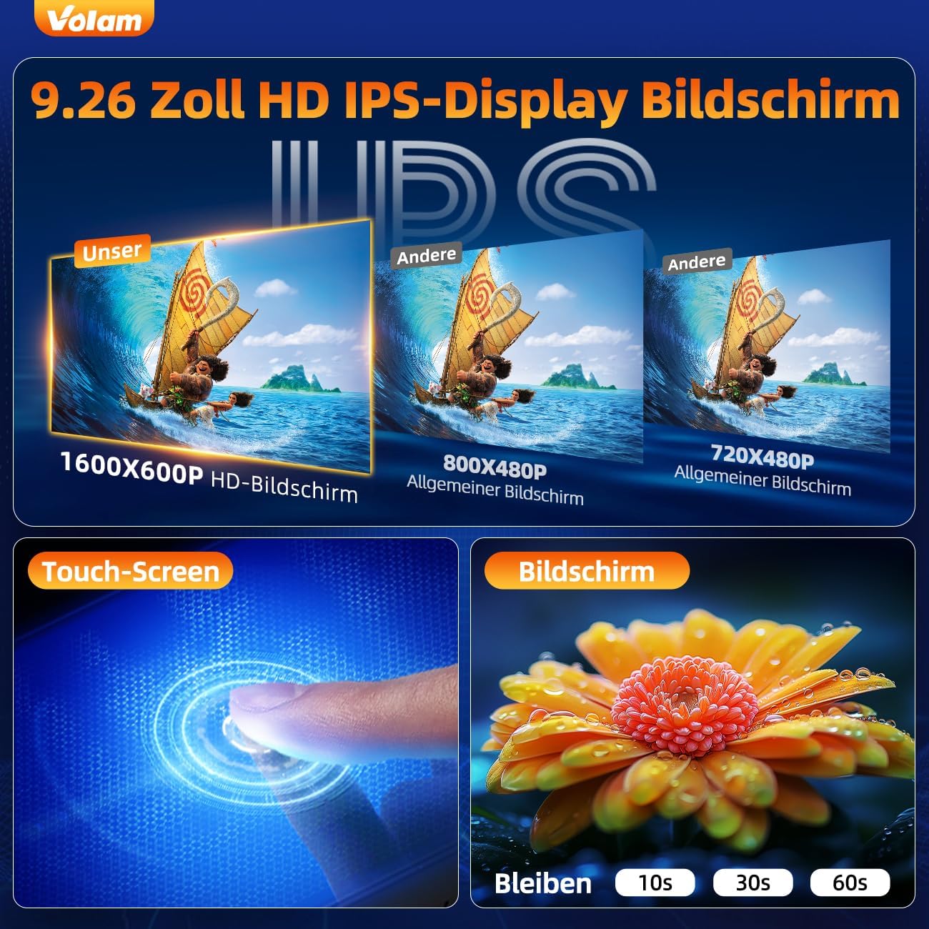 Detalle de Volam 9,26 Zoll CarPlay Bildschirm – Tragbares CarPlay/Android Auto Display mit IPS Touch Screen