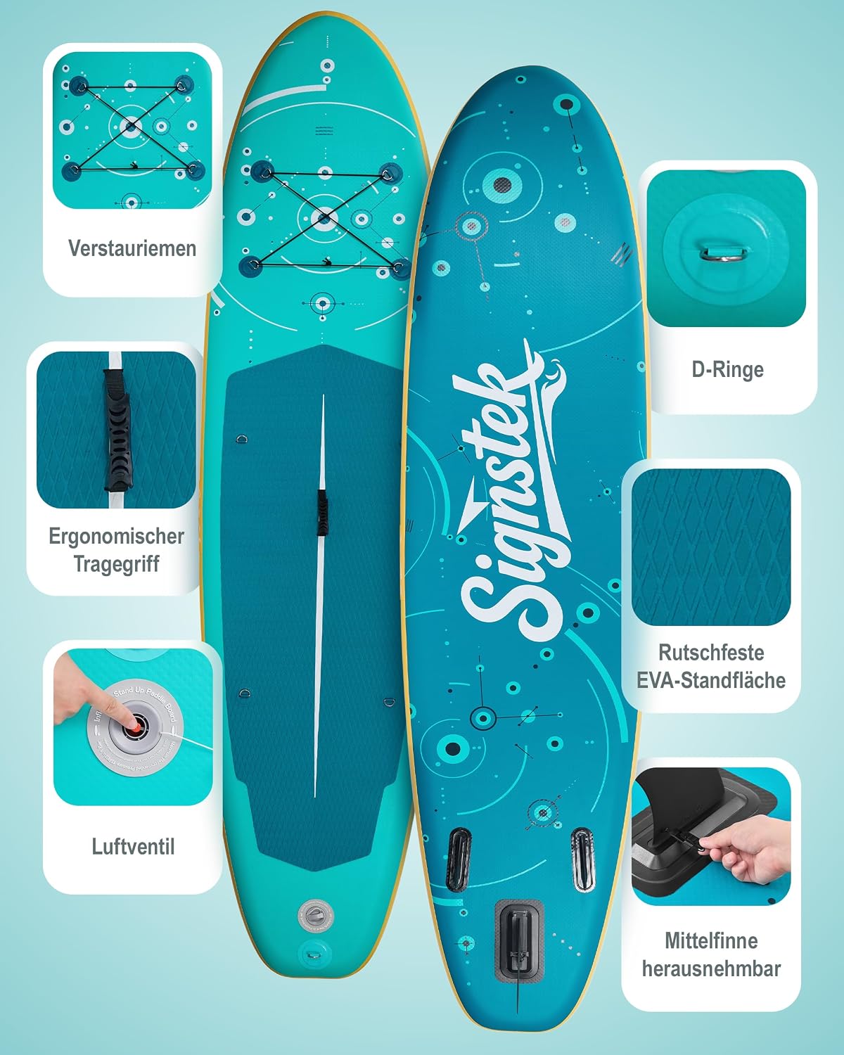 Detalle de Signstek Aufblasbares Stand Up Paddling Board Set – stabiles SUP Board 320 x 75 x 15 cm mit Komplettzubehör